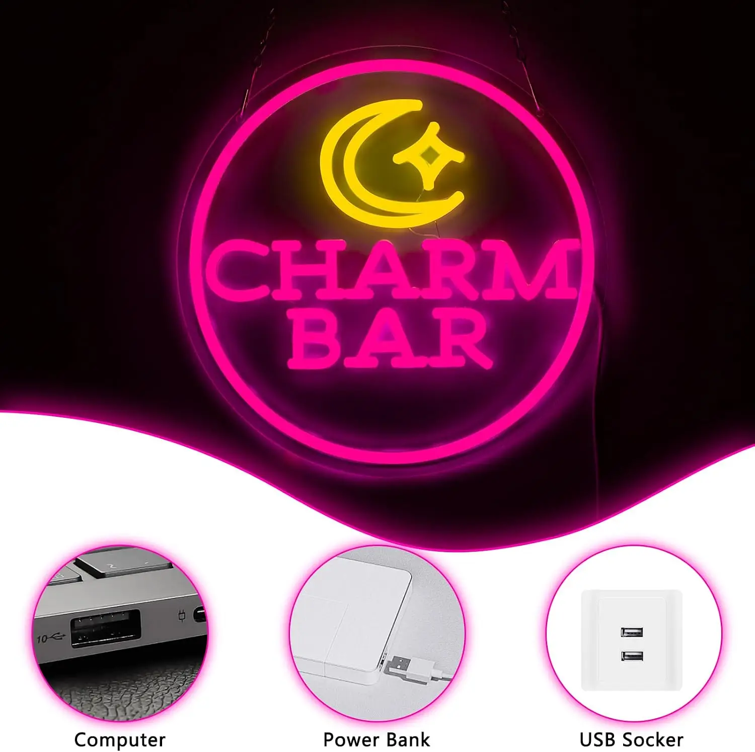 Charm Bar Neon Sign USB Powered LED Moon Stars Wall Light for Bar Pub Party Man Cave Aesthetic Funny Drinking Decor Gift