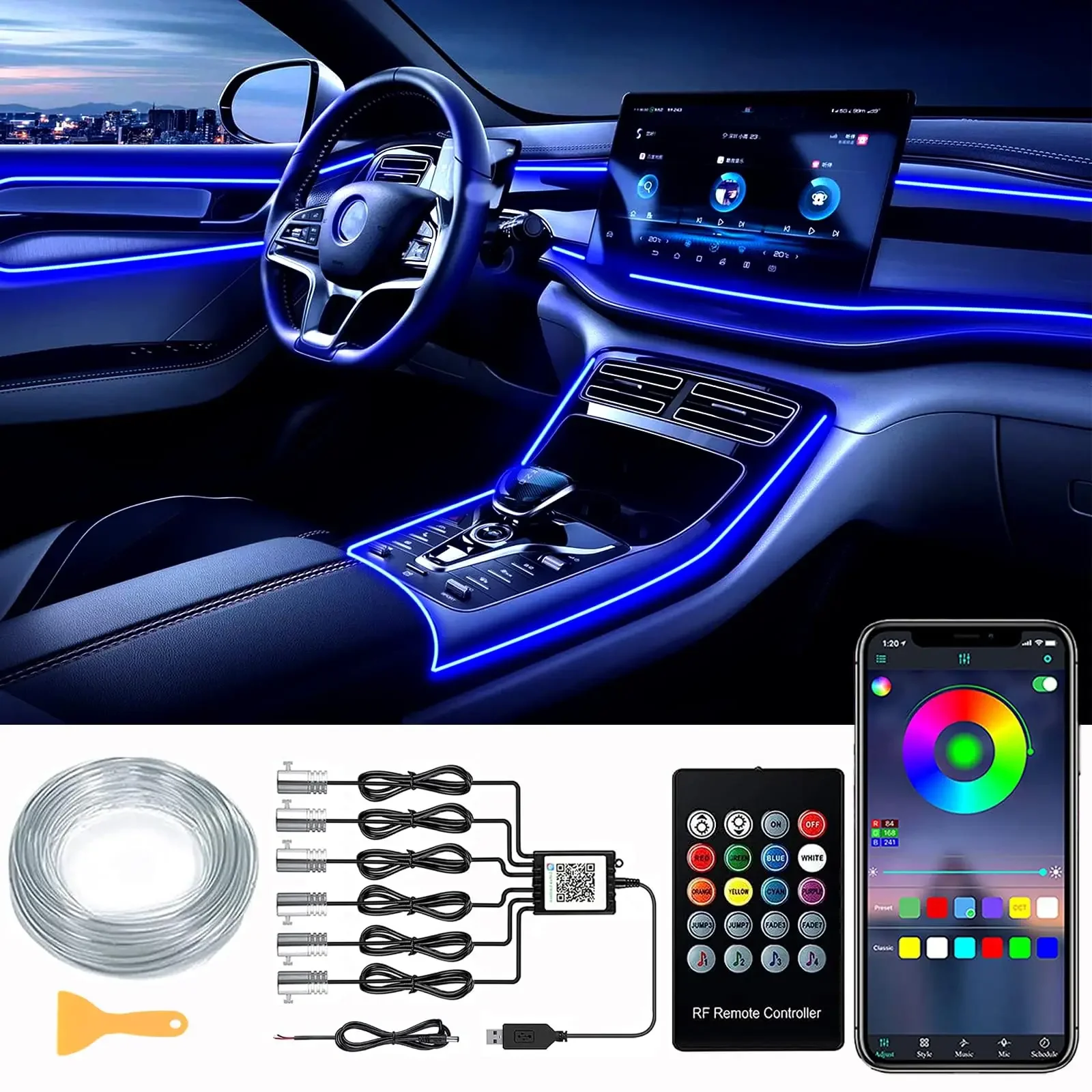 

Car Interior LED Strip Light 6 in 1 Ambient Lighting Kit with 8M Fiber Optic APP Remote Music Sync Mood Decor for Foot Door Dash