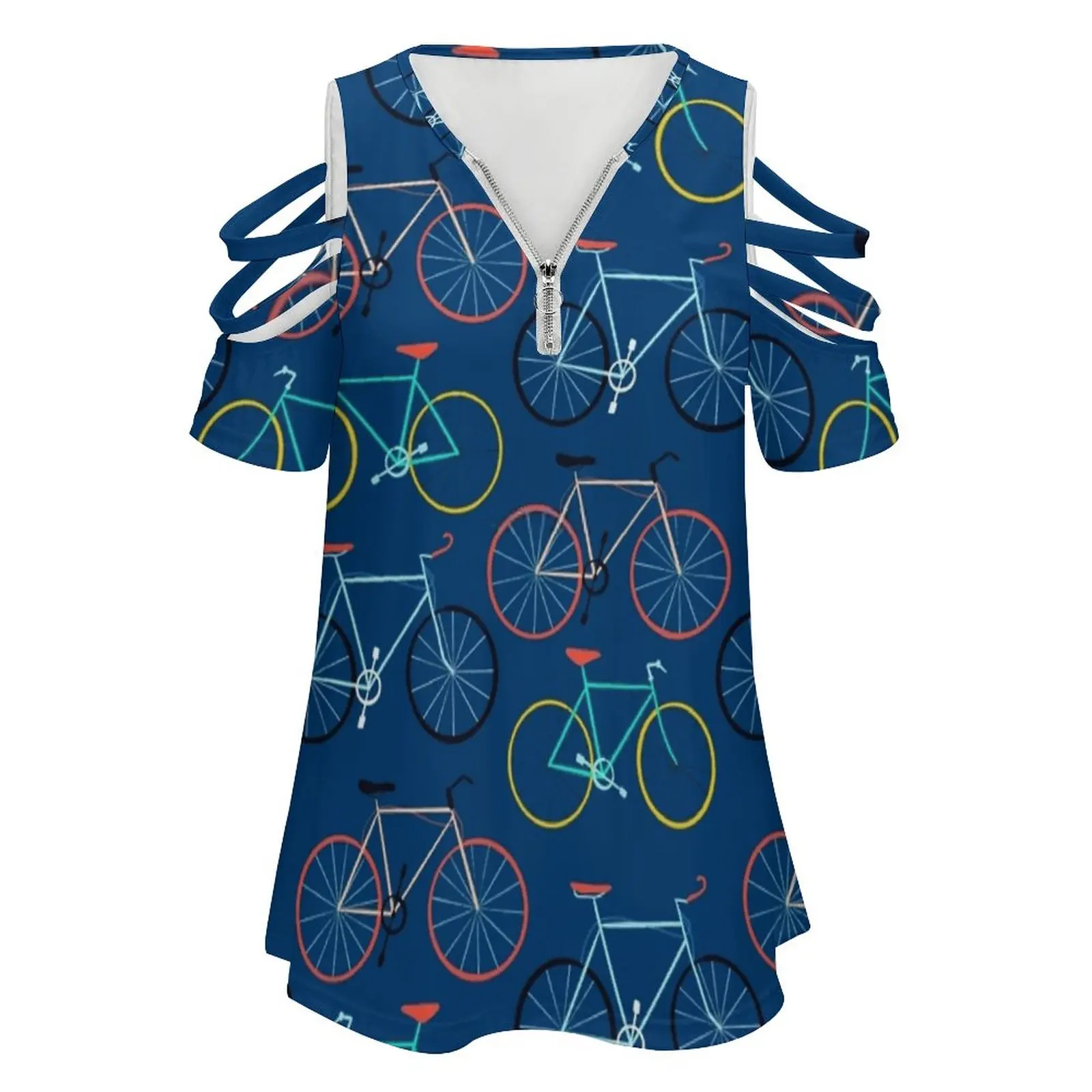 Blue Bikes New Fashion Zip Off Shoulder Top Short-Sleeve Women Shirt Blue Bike Bicycles Riding Fitness Athletics Bright Colorful