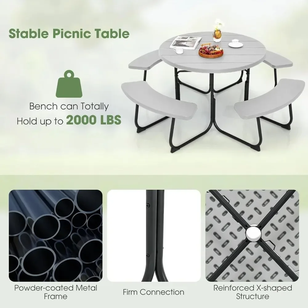 

Picnic Table Set for Up to 8 Persons, Round Outdoor Bench Set with Umbrella Hole, HDPE Top & Metal Frame, 2000 LBS Capacity