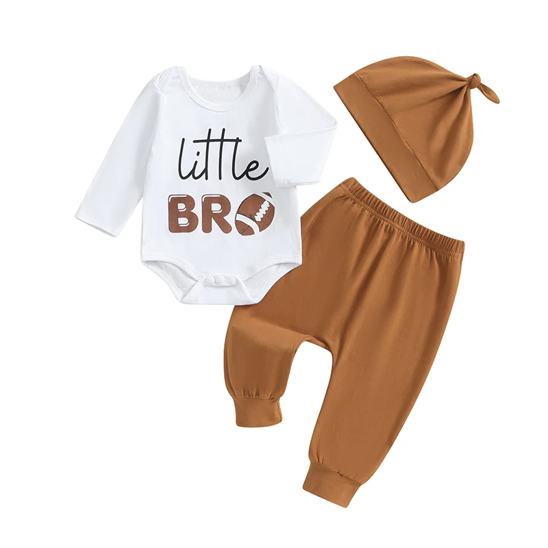 

Baby Boy Football Outfit Letter Print Long Sleeve Romper Elastic Waist Pants Hat 3 Piece Set for Fall