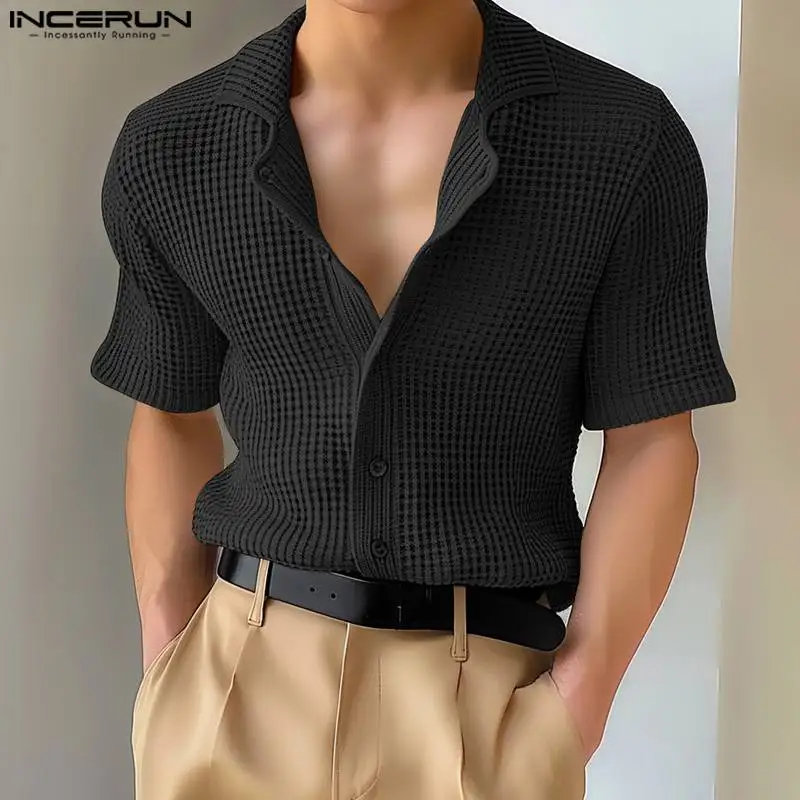 2024 Men Shirt Solid Color Lapel Short Sleeve Hollow Out Streetwear Casual Men Clothing Summer Fashion Male Shirts S-5XL INCERUN