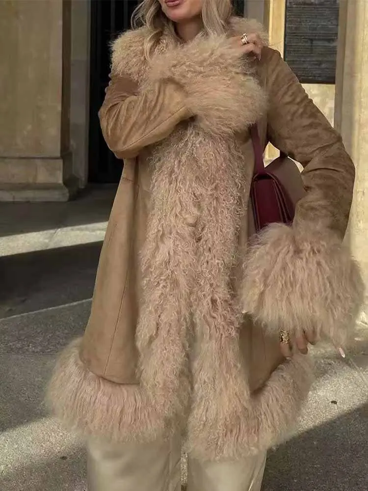 HH Female Casual Long Sleeves Overcoat Woman Early Spring Trend Fashion Suede Fur Splicing Shaggy Decoration Medium Length Coat