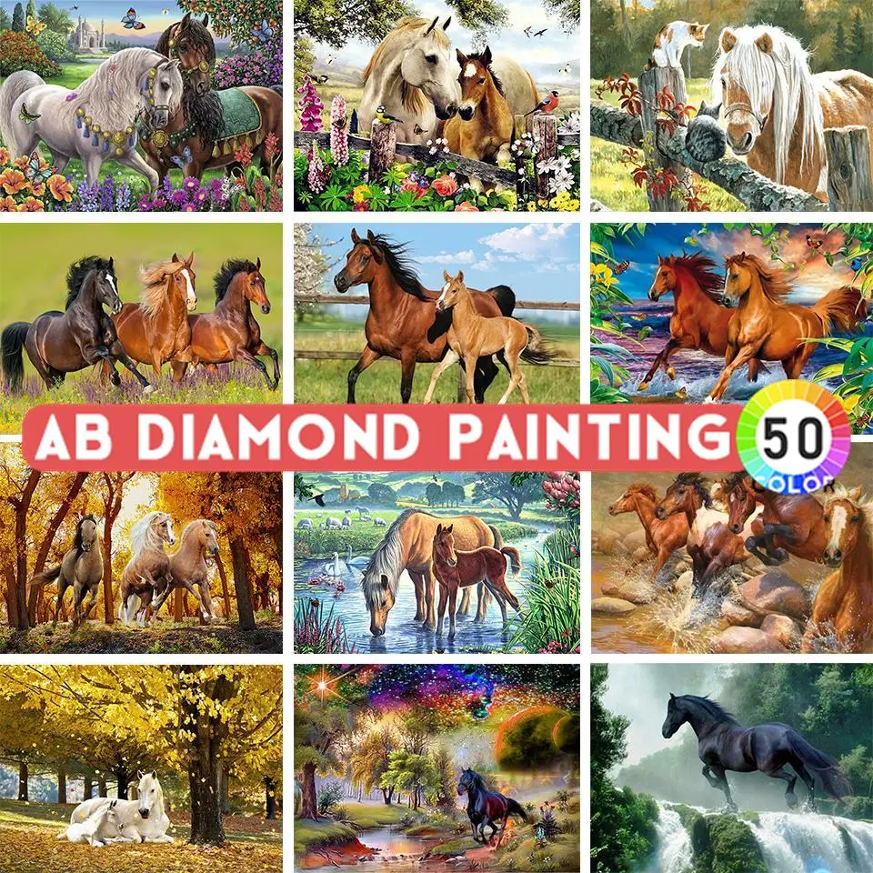 AB Diamond Painting 5D DIY Horse Rhinestone Picture Square Round Animal Embroidery Mosaic Beaded Home Decoration Gift Hobby