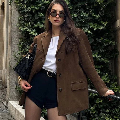 Imagen 2 del producto HXAO Chaqueta de mujer Chaquetas de dinero viejo Chaqueta de ante de cuero marrón Abrigo Chaqueta de entretiempo vintage Otoño Invierno Nuevo en prendas de vestir exteriores