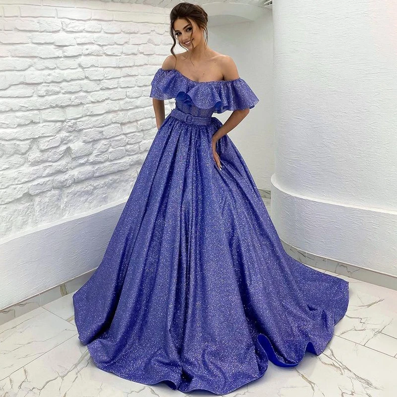 Off Shoulder Sequined Prom Dress Women Formal Party Night Puff Sleeve Zipper A-Line Evening Dress Elegant Vestido De Gala