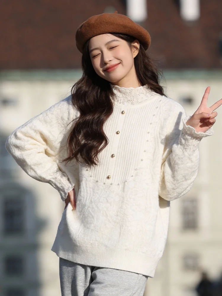 

Вязаный свитер большого размера с вышивкой для женщин, базовый топ с кружевной отделкой, новинка весны, винтажный цветочный узор