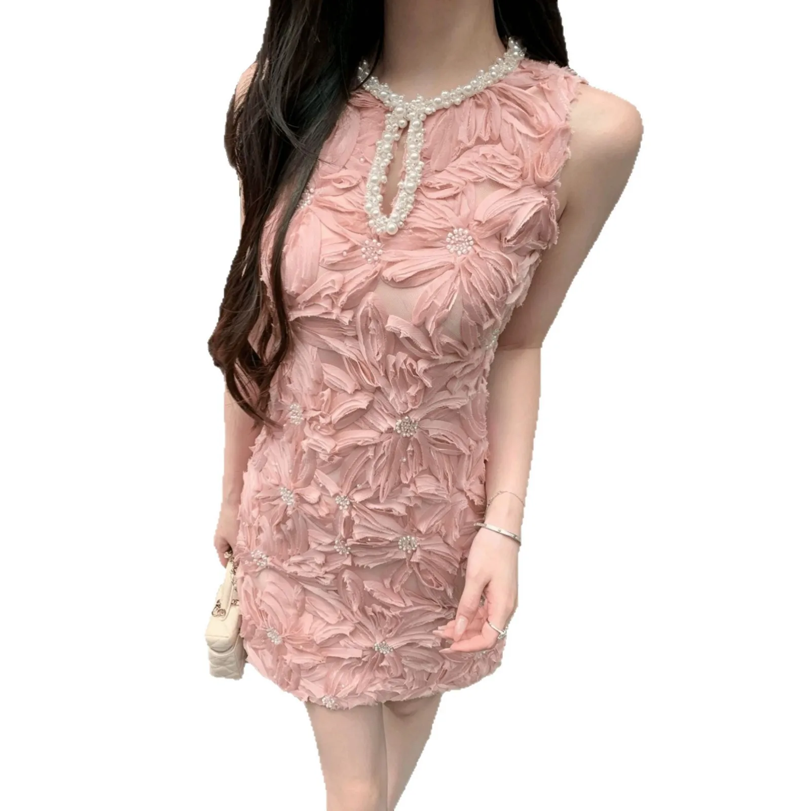 3D Pattern Single Gown Fitted Socialite Style with Beaded Embellishment Zipper Closure Sleeveless Dress Summer for Women