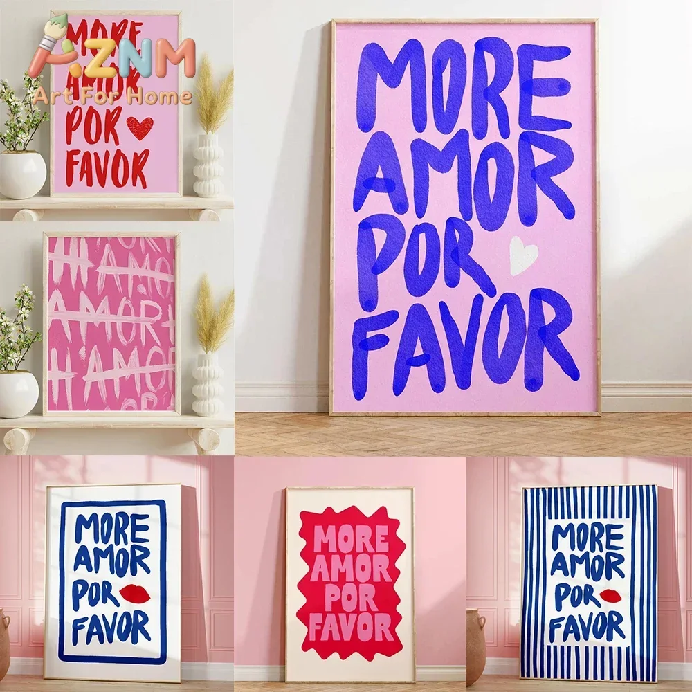 Maximalist More Amor Por Favor Love Quote Wall Art Canvas Painting Eclectic Blue Pink Poster Prints Pics For Modern Home Deco