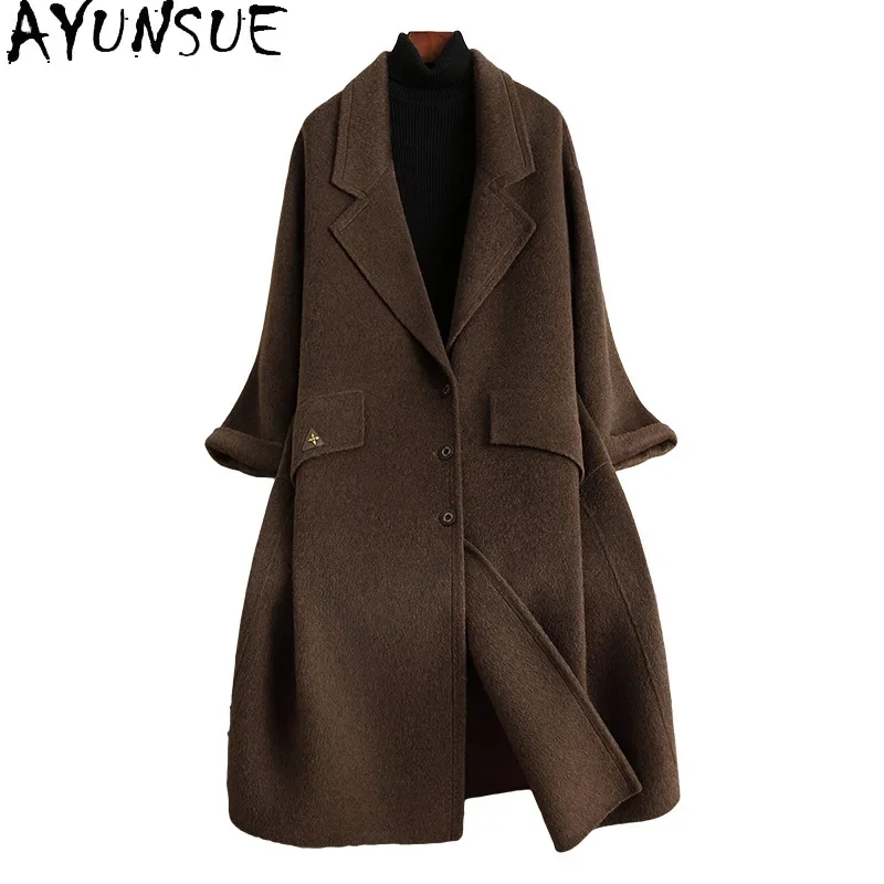 AYUNSUE 80% Real Wool Coats for Woman Luxury Long Coat Women 2024 Autumn Winter New in Outerwears Loose Women Clothing пальто