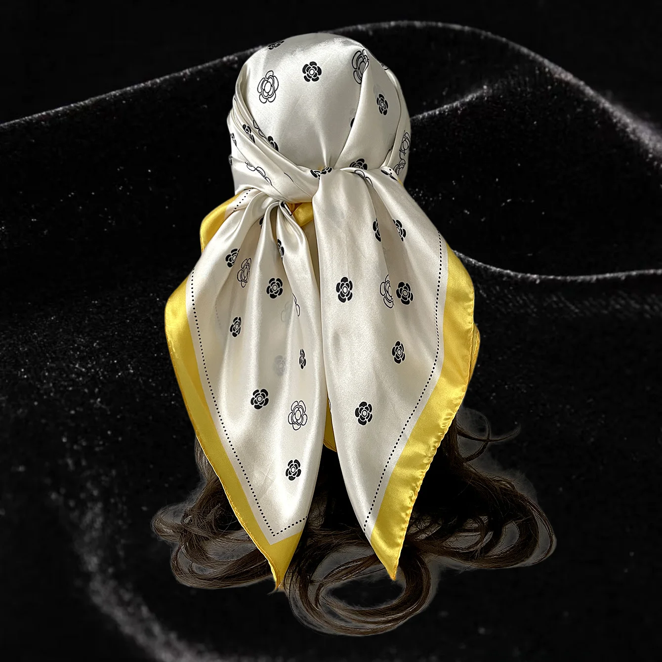 90x90cm Luxury Satin Square Scarf Women's Classic Small Floral Print Headscarf Contrast Color Border Turban Wrap