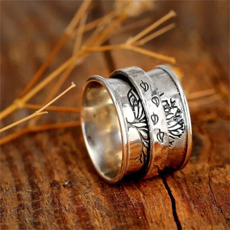 Fashion Tree Leaf Ring For Women Men Dandelion Spinner Rotatable Freely Spinning Rings Vintage Gift Ring Custom Jewelry