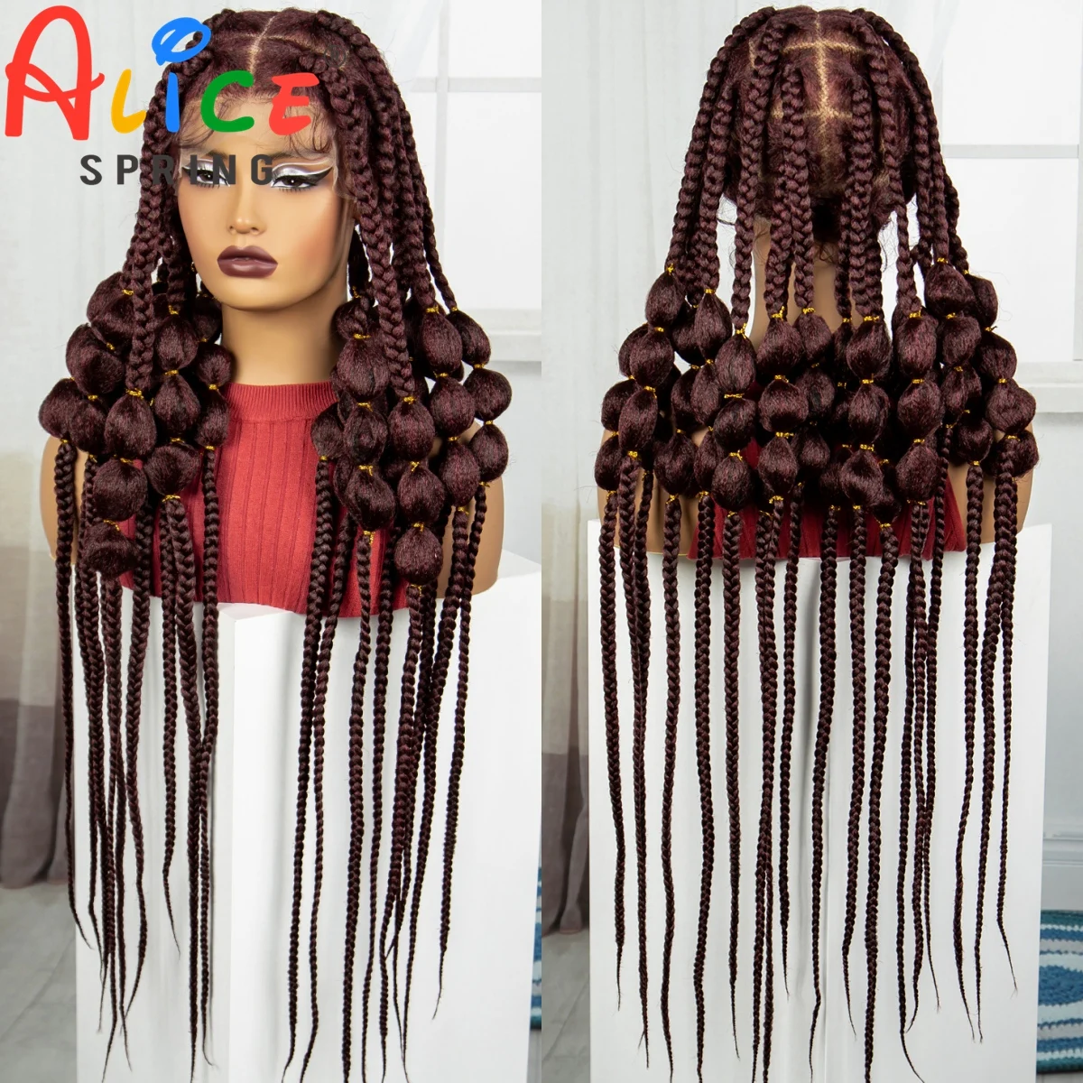 Wig kepang renda penuh sintetis 40 inci Burgundy, Wig renda kepang Bantu buatan tangan tanpa simpul sintetis dengan rambut bayi untuk wanita