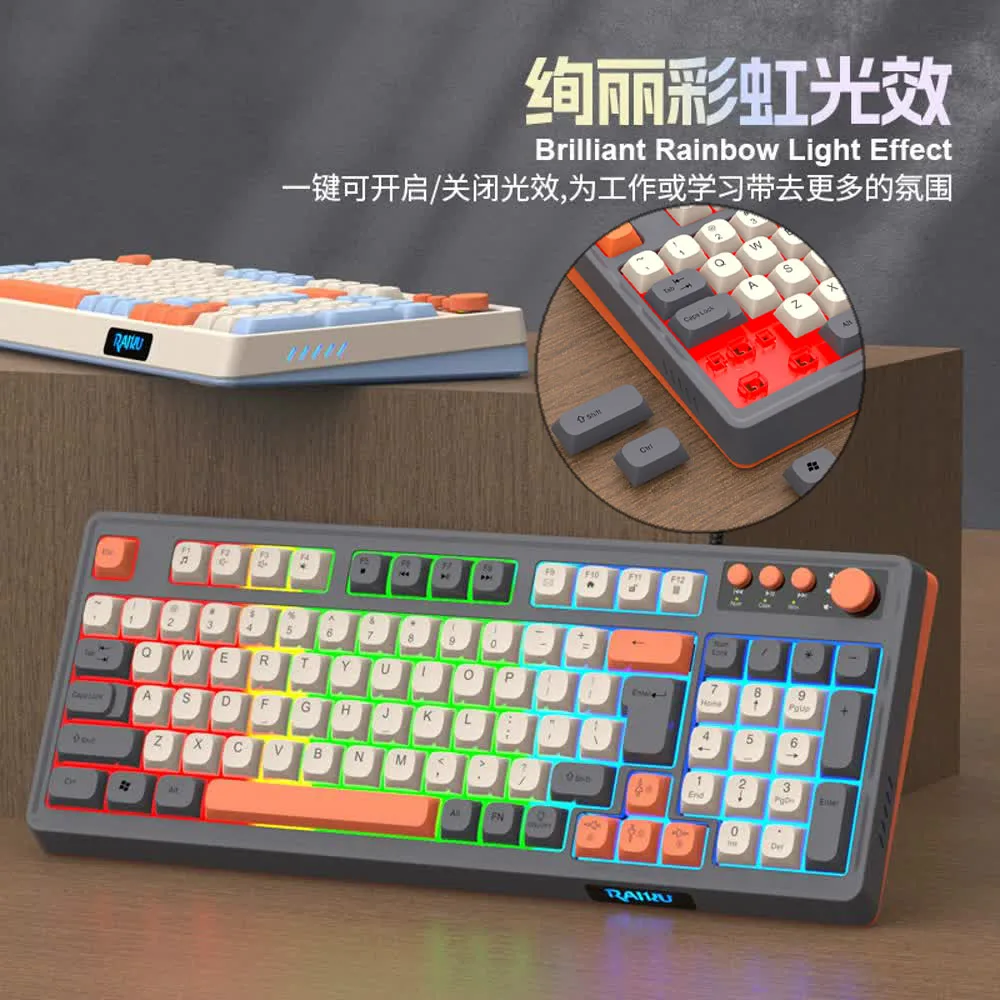 Backlight RAIKU K98 Keyboard RGB Lighting 98 Key Layout Gaming Mechanical Keyboard Rainbow Color Luminous Office Keyboard Office