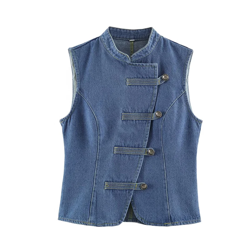 YENKYE  New 2026 Women's Chinese Style Asymmetric Frog Button Denim Waistcoat Stand Collar Sleeveless Slim Vintage Vest