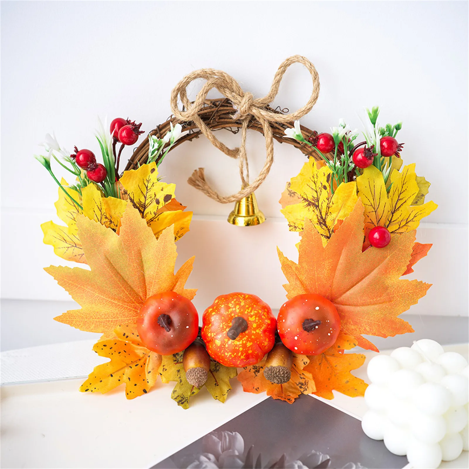 Fall Wreaths For Front Door Autumn Wreath With Berry Pumpkin Maple Leaves Halloween Thanksgiving Harvest Festival Decoration