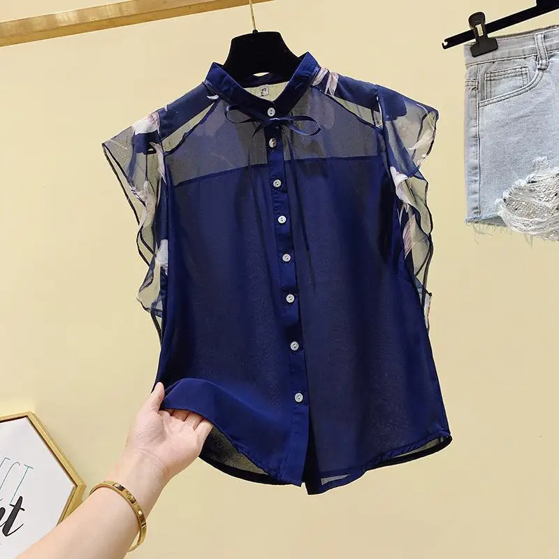 Office Lady Floral Printed Patchwork Chiffon Blouse Summer Stylish Ruffles Stand Collar Casual Single-breasted Drawstring Shirt