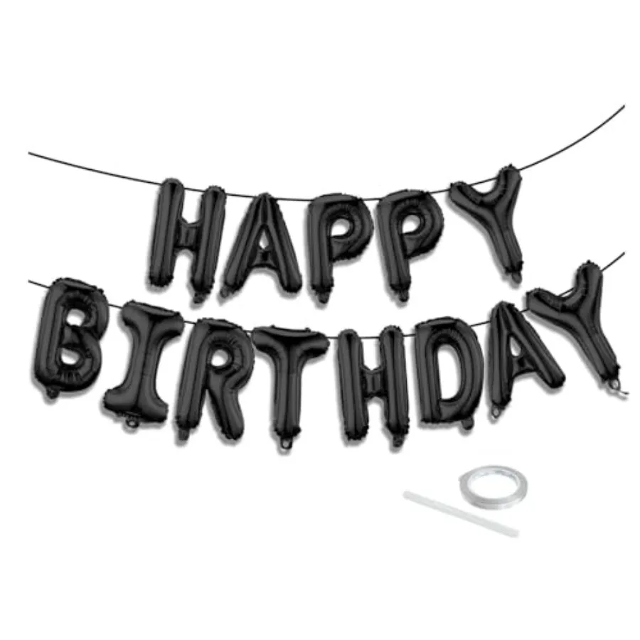 Black Happy Birthday Balloon Banner Set -16 Inch Foil Letters Balloons, Reusable Birthday Decorations and Party Supplies