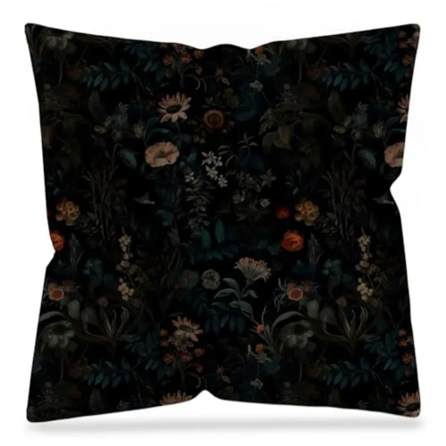 

Dark Gothic Boho Moody Floral Pillow Cover 18x18 Double-Sided, Black Mystical Gothic Exotic Botanical Flower Garden Decorative