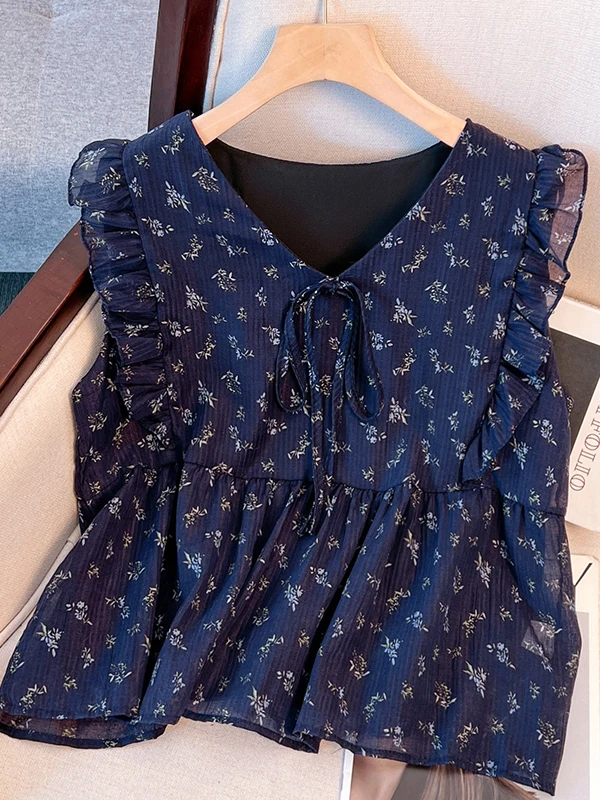 

V-Ne Svel Fly Sve Ruffle Hem Doll irt Women's Belted Chiffon Top Small Size No Sve Vest Upper Body