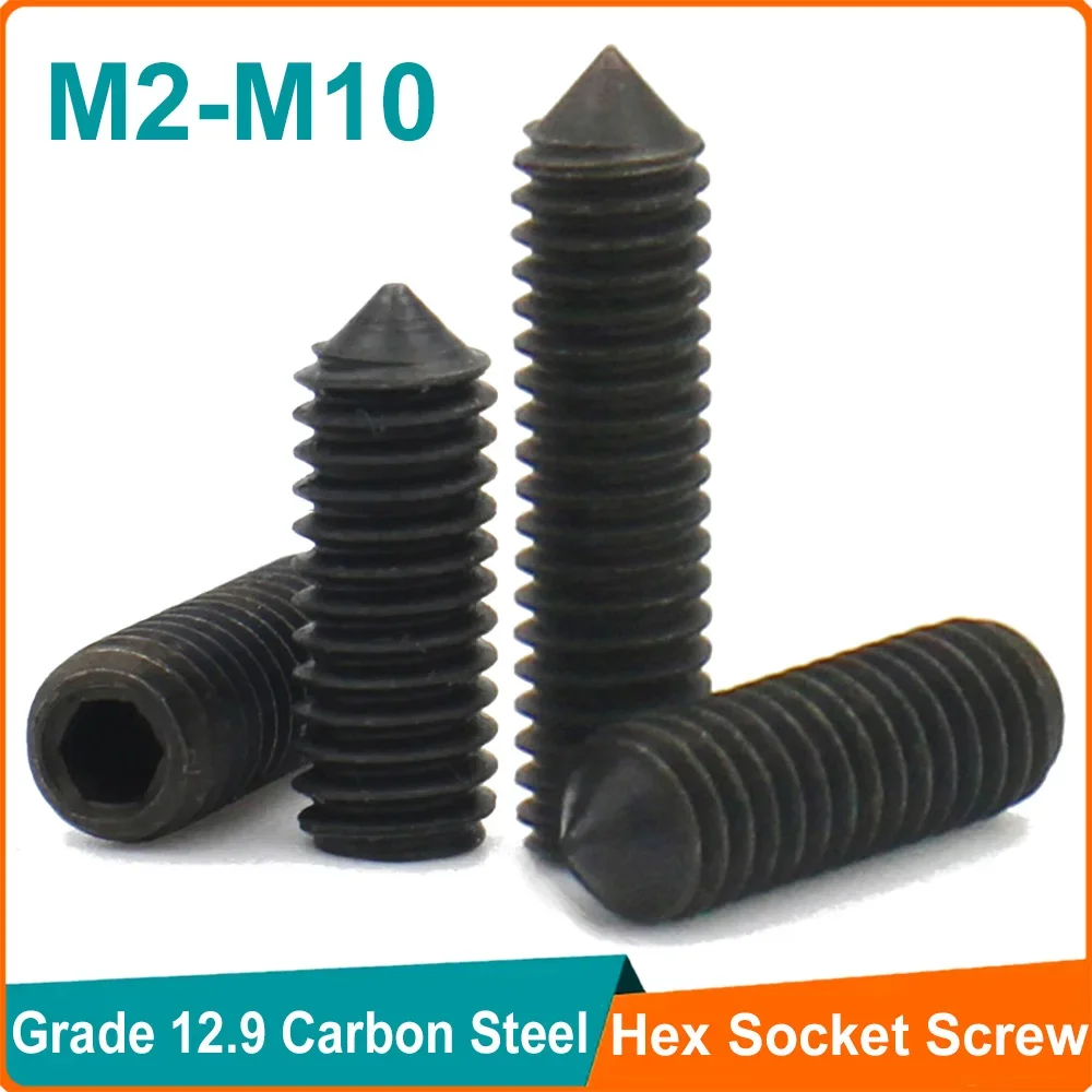 10pcs Grade 12.9 Black Carbon Steel M2.5 M3 M4 M5 M6 M8 M10 Hex Hexagon Socket Cone Point Grub Set Screw Tapered End Bolt DIN914