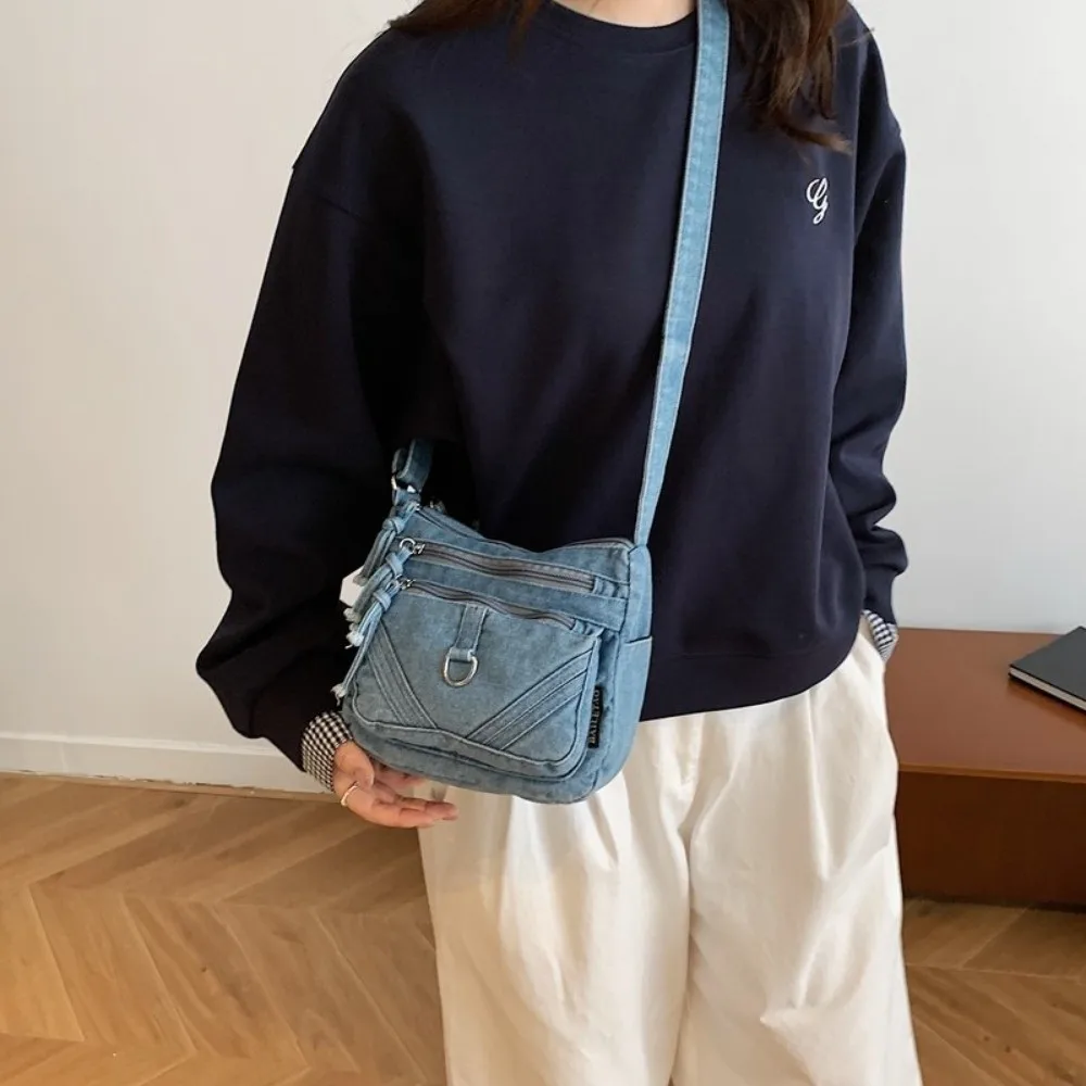 

New Denim Fabric Denim Crossbody Bag Multi-Pocket Trendy Vintage Handbag Solid Color Retro Shoulder Bag Casual Use