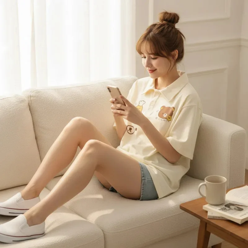 

Cute Rilakkuma Women's Summer Cartoon Polo Shirt Japanese Kawaii Loose Short Sleeve Casual Blouse for Daily School Streetwear