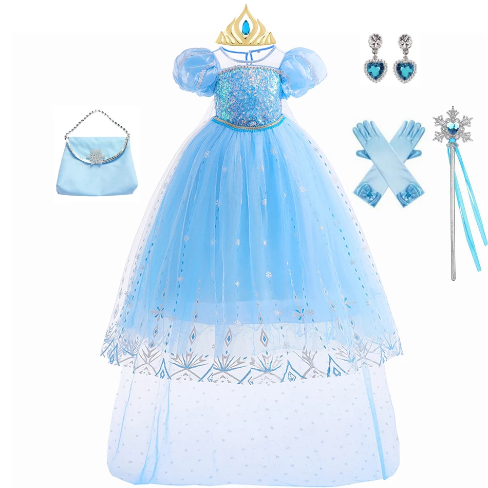 Elsa Dress Girls Kids Halloween Cosplay Princess Dress Children Birthday Party Clothes Dress Up