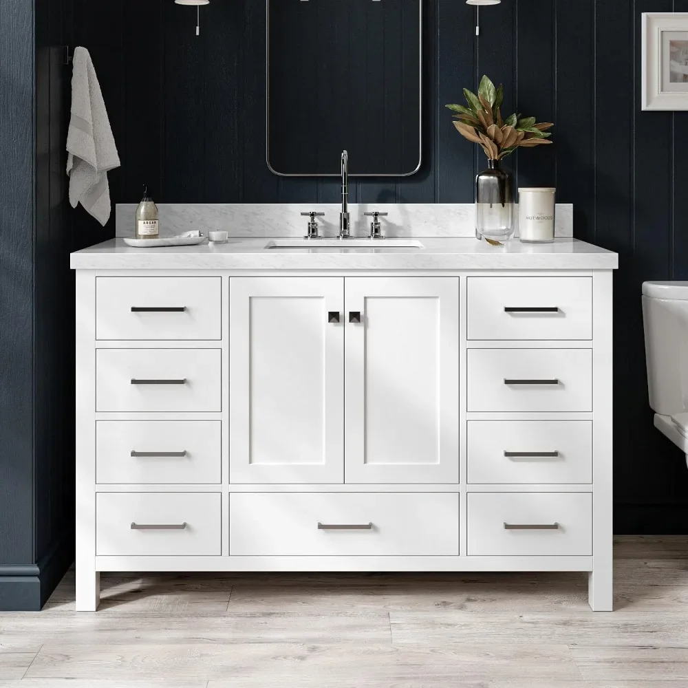 

Bathroom Vanity with Edge Italian Carrara Marble Countertop & Backsplash, Center Rectangular Sink, Soft Closing Doors