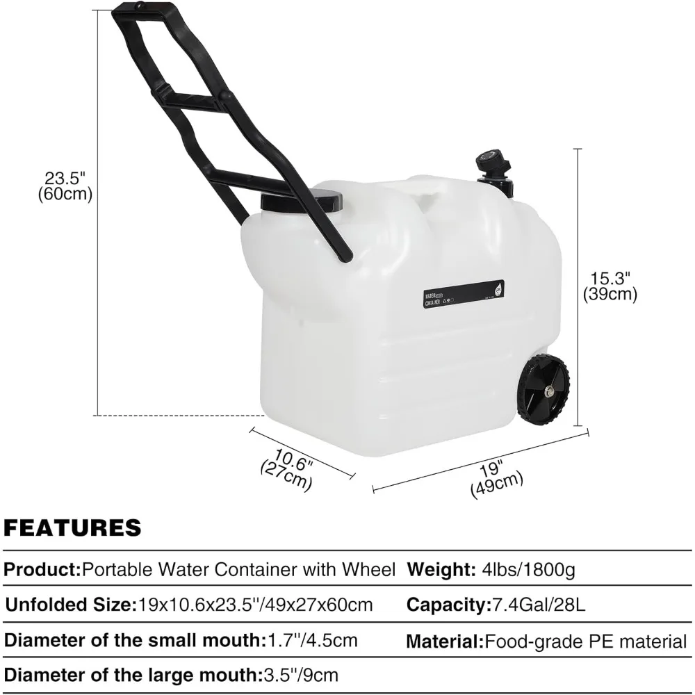 ポータブルローリングウォーターコンテナ（ホイール、蛇口、ハンドル付き）28L 緊急時キャンプハイキング用ウォータージャグ貯水タンク BPAフリー食品対応