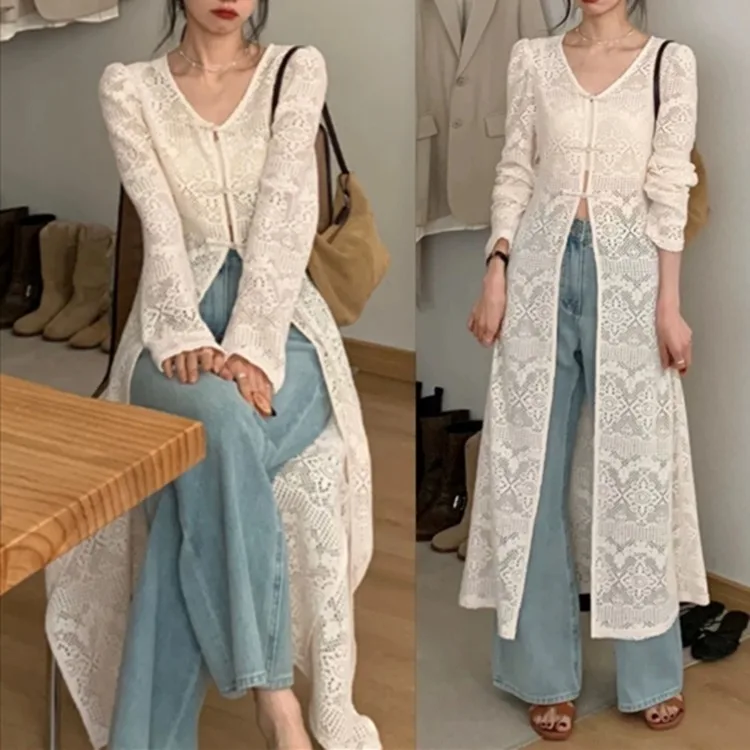 New Chinese Style V-neck Split Tops Women 2024 Summer Slim Fit Hollow Out White Cardigan Y2k E-Girl Long Sleeve Blusas Mujer