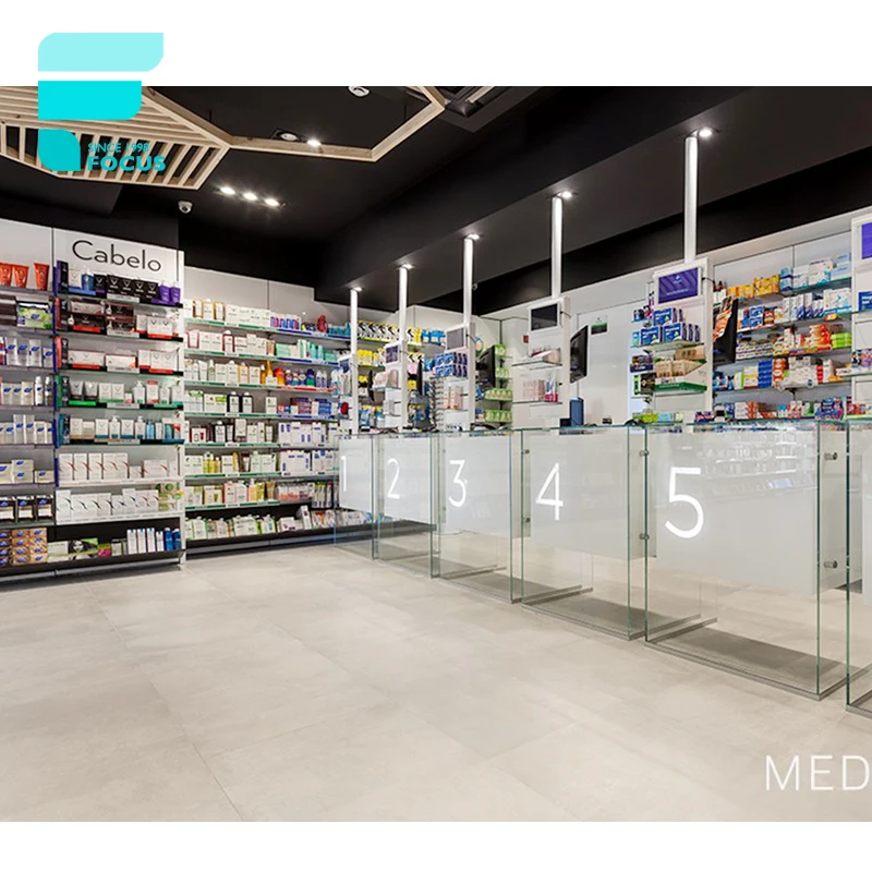 Customized-Wooden Tempered Glass Elegant Pharmacy Design Store Display Furniture Medical Shop Racks Drugstore Pharmacy