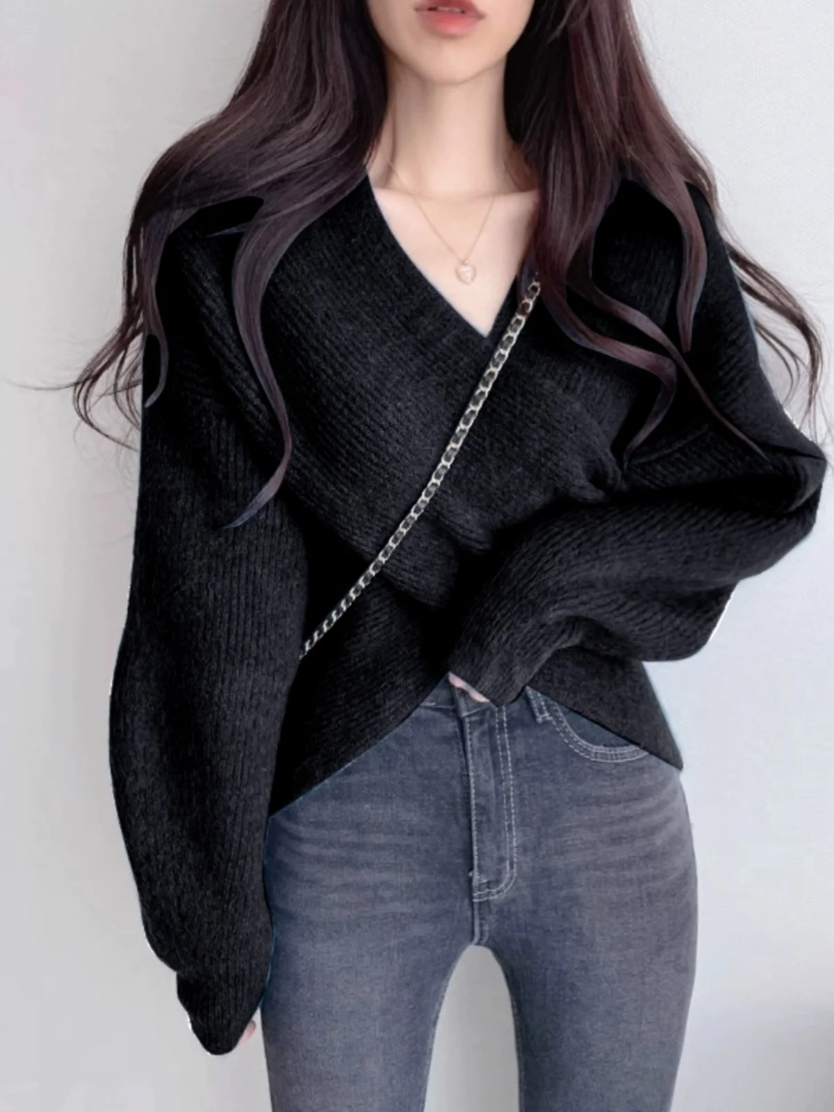 

Ele V-Ne Cross Sweater Long Sve Casual Loose Women's Knitted Top Autumn New Sle Comfortable Warm Color