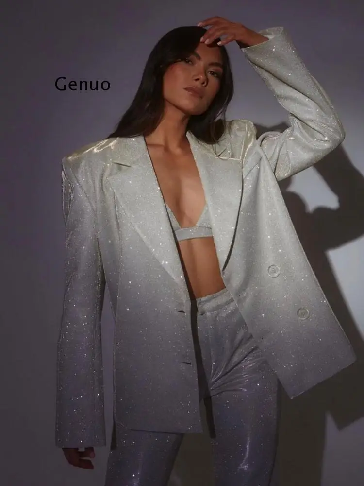 Conjunto de dos piezas con purpurina plateada para mujer, traje de noche para discoteca, Blazer brillante a la moda, chándal a juego, novedad de 2023