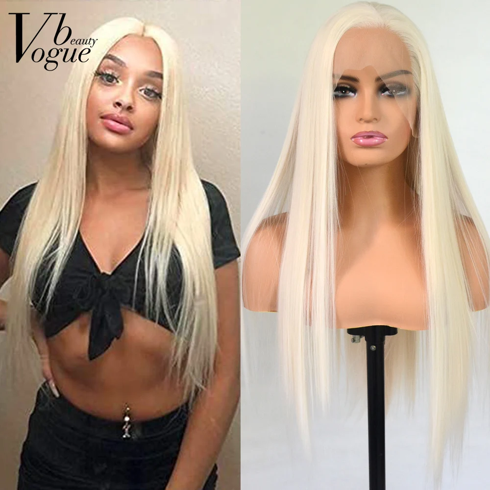 

Voguebeauty Platinum Blonde Synthetic Lace Front Wig Silky Straight Heat Resistant Fiber Natural Hairline Cosplay For Women