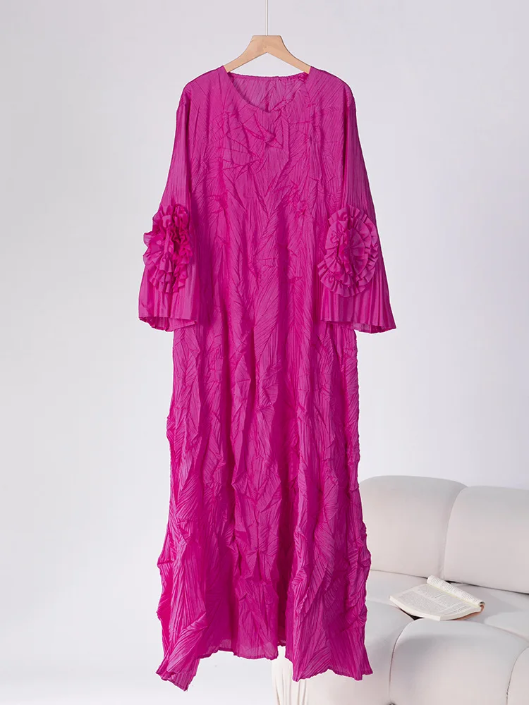 Miyake robe plissée femmes 2025 automne robe nouveau disque fleur corne manches couleur unie col rond pull longue robe