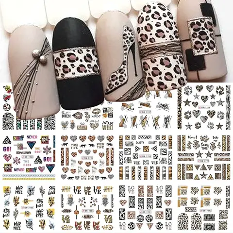 12pcs Leopard Print Nail Water Sticker Charm Wild Animal Pattern Geometry New Year Manicure Accessories Tattoo Nail Art Sliders