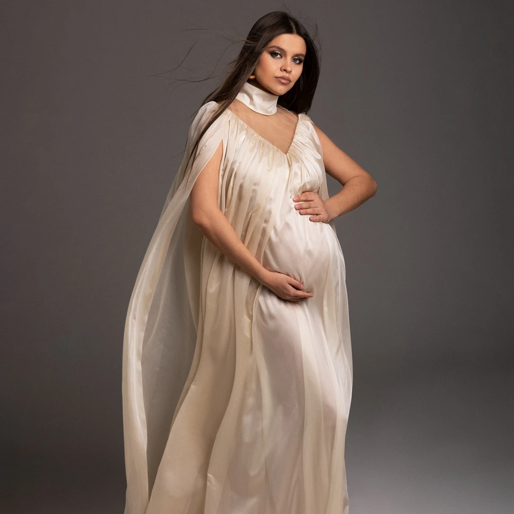 Maternity Photography Dress V Neck Cape Gown Pregnant Photoshoot Outfit Baby Bump Long Sleeve Elegant