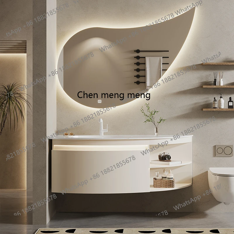 

Slate Seamless Ceramic Basin Bathroom Cabinet Combination Circular Arc Face Wash Cabinet Toilet Wash Table Cream Wind