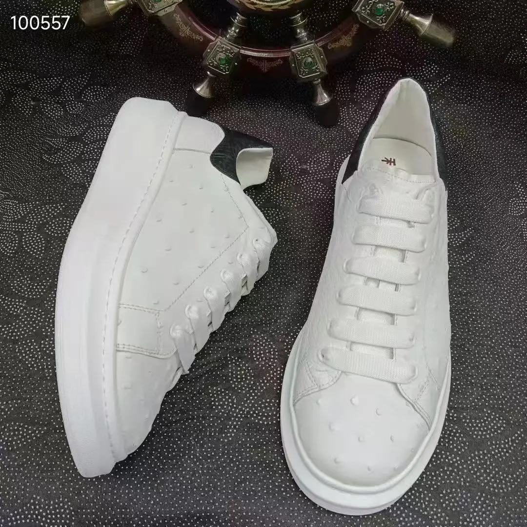 100% Genuine real ostrich skin men flat shoe White&Black color Ostrich leather Flat Loafers men sneaker with cow lining