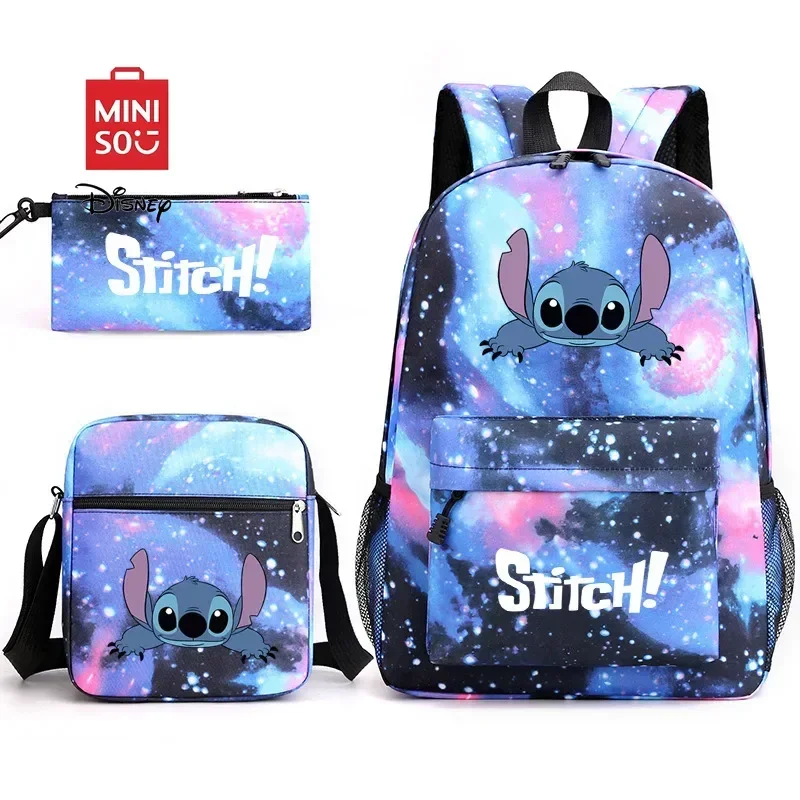 MINISO Disney Stitch Dual Backpack & Shoulder Bag Set with Pen Case - Black Academic Trio for Students Laptop Backpack Back Pack