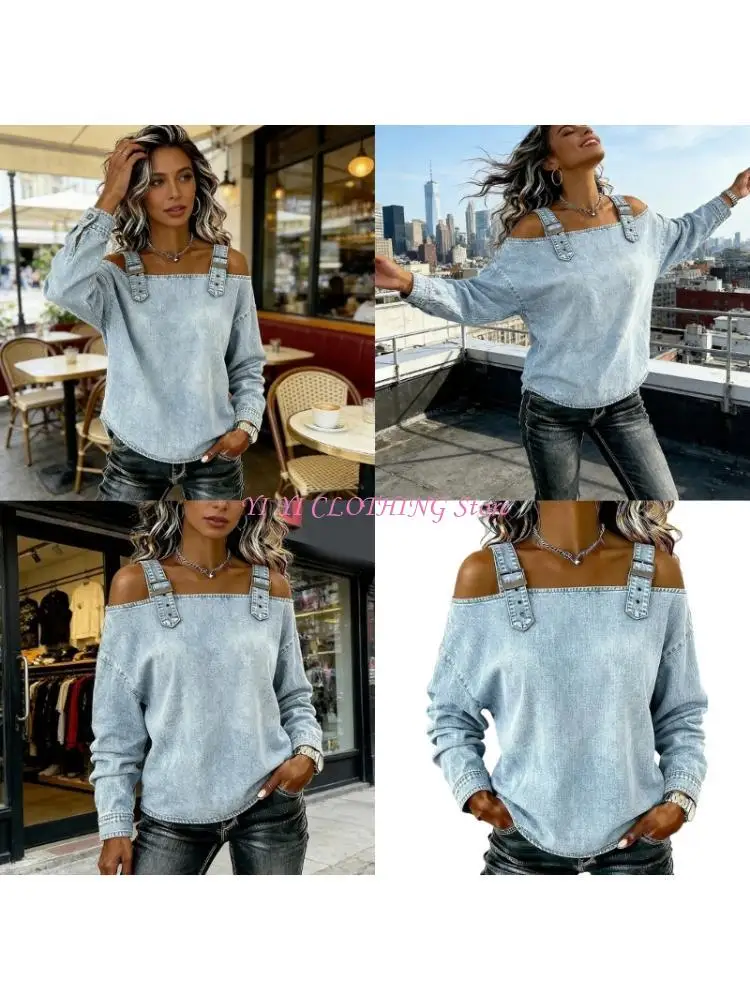 N5KF Trendy Off Shoulder Jeans Shirt With Stretch Fabric And Flattering Detail