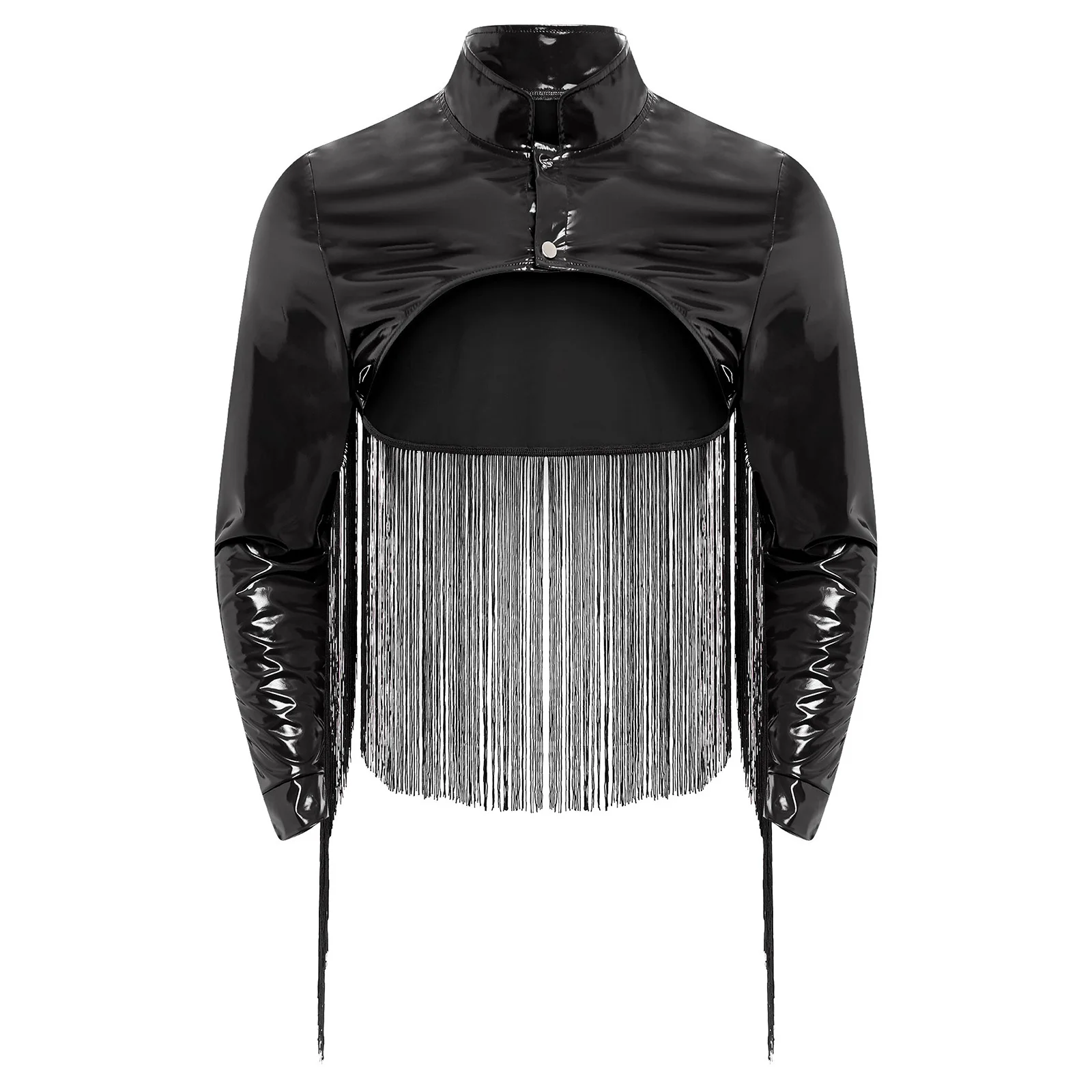 

Men Fashion Patent Leather Fringed Jacket Glossy Fringe Back Tops Nightclub Rave Party Music Festival Stage Performance Jackets