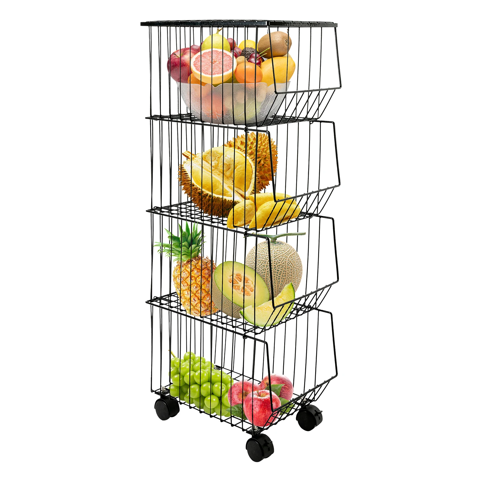 

4 Layer Metal Fruit Basket with Wheels Fruit and Vegetable Storage Cart Stackable Bins Wire Rack Snack Organizer for Kitchen