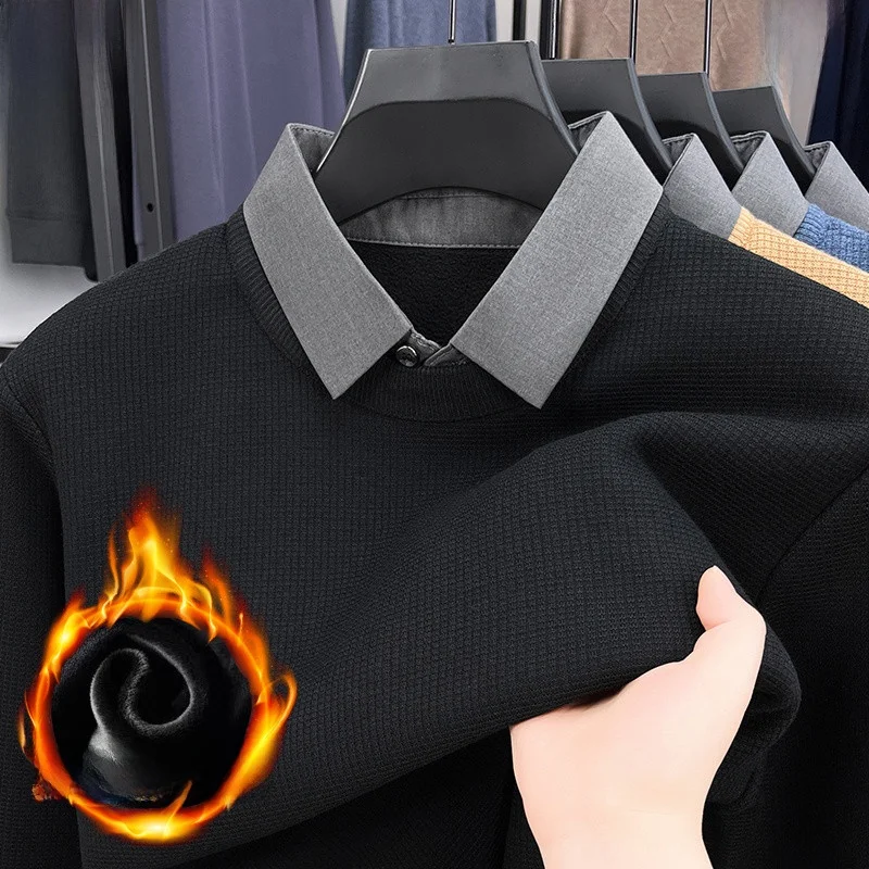 

Мужской свитер премиум-класса с эффектом двухслойности, осенне-зимняя новинка, с воротником-стойкой, на флисовой подкладке, теплый, из смесовой шерсти, базовый слой