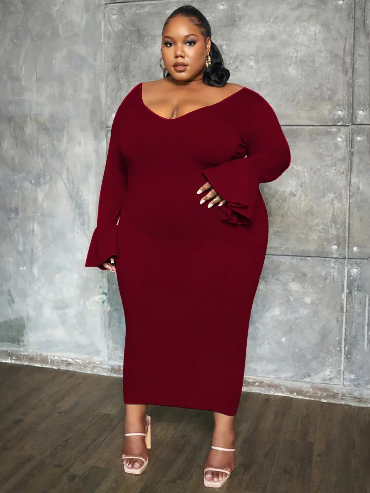 Wmstar Plus Size Dresses Women Fall Clothes Ribbing Bodycon Solid V Neck Flared Sleeve Elegant Maxi Dress Wholesale Dropshipping