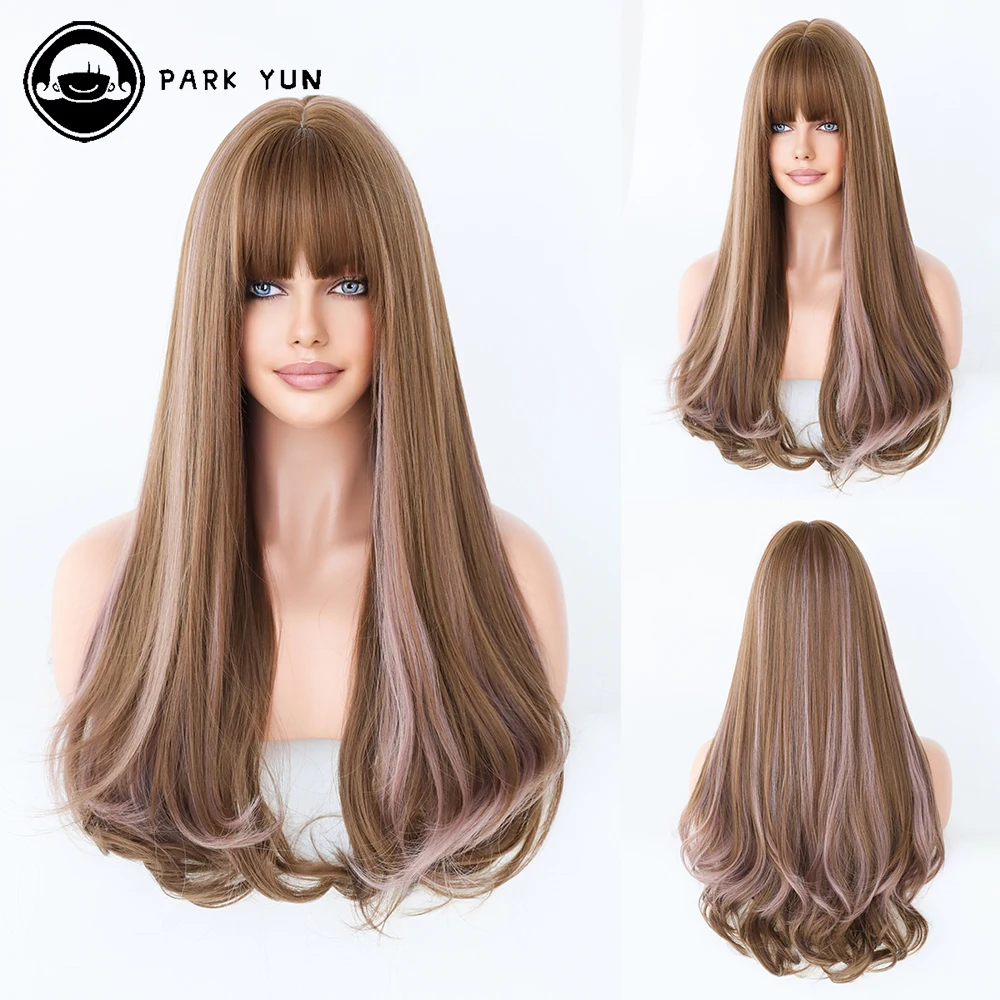 

Honey Brown Ombre Long Wave Wig Women Wig with Bangs Daily Cosplay Party Lolita Heat Resistant Synthetic Wigs Natural Fake Hair