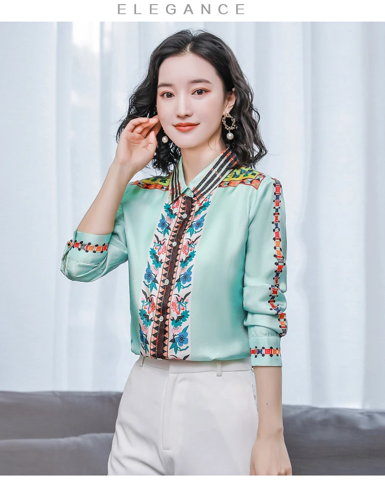 FANIECES Vintage Print Satin Women Shirt Fall Long Sleeve Lapel Button-up Blouses Elegant Tops Office Lady camicie e camicette