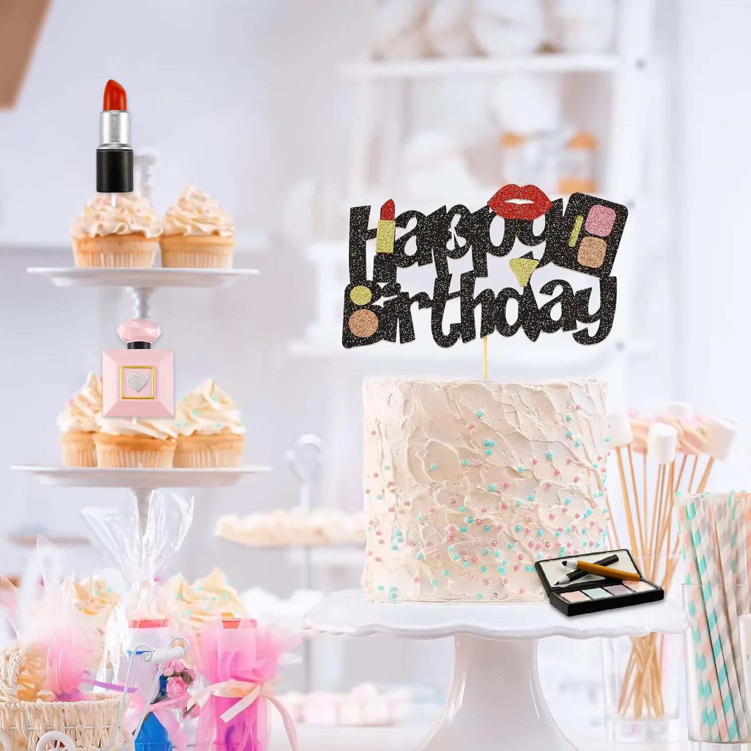 4 Stück Kunstharz-Kosmetik-Kuchenaufsätze – Lippenstift- und Parfümdekoration für Make-up-Thema, Braut, Bachelorette, Geburtstagsparty-Zubehör – Detail 14