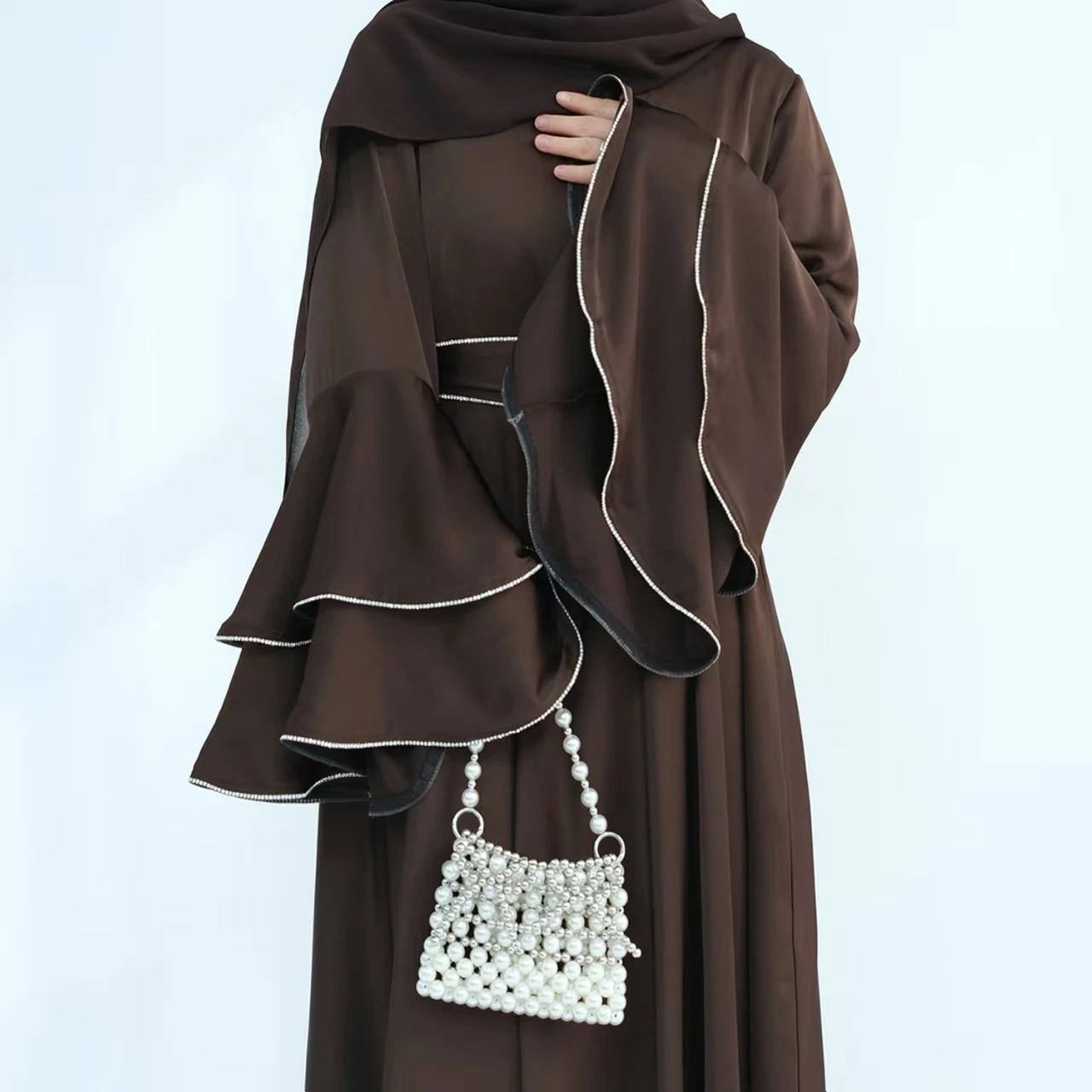   Dupla camada dubai oriente médio frisado queimado sve robe dr saia evasê cintura alta poliéster longo sve dr